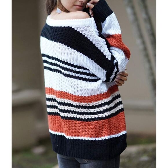 Color-Block Striped Knit Sweater - Black, White, Orange - Picture 6 of 9